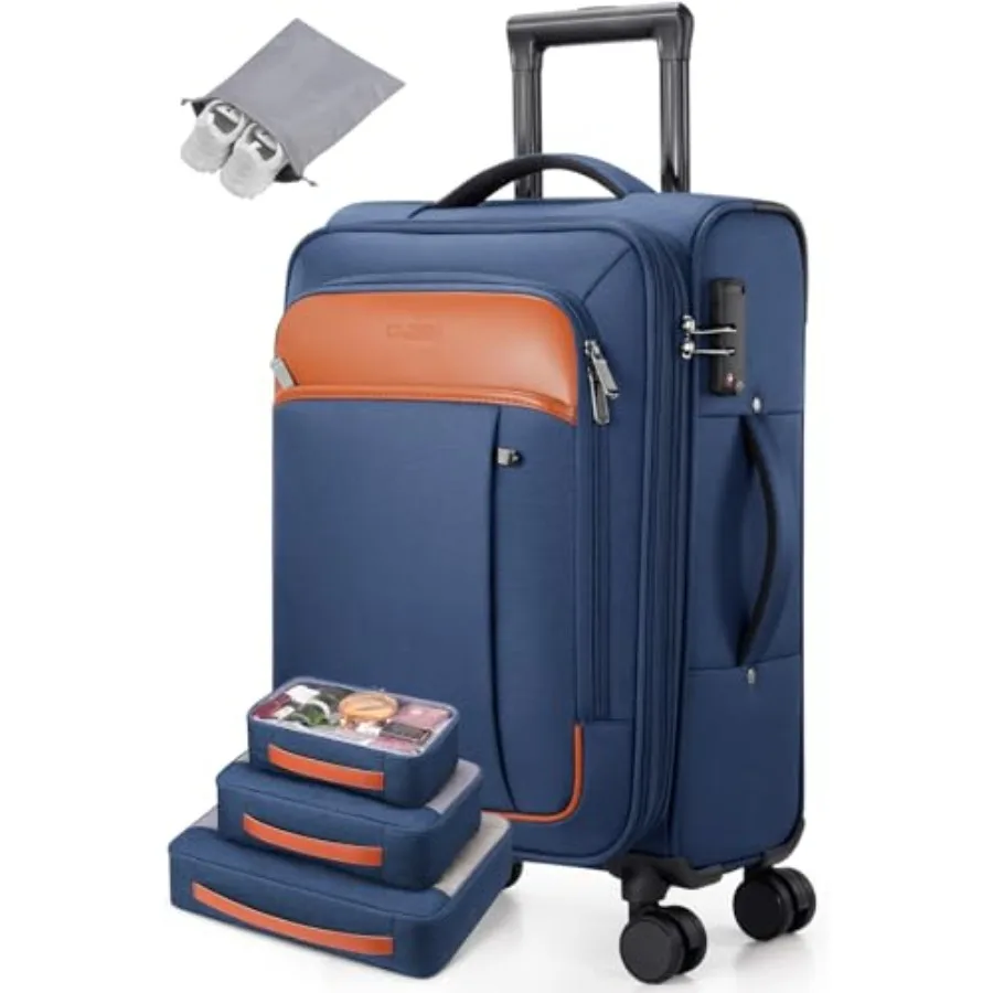 

Airline-approved 20-inch softside expandable carry-on luggage in navy blue, lightweight polyester with smooth-rolling wheels, b