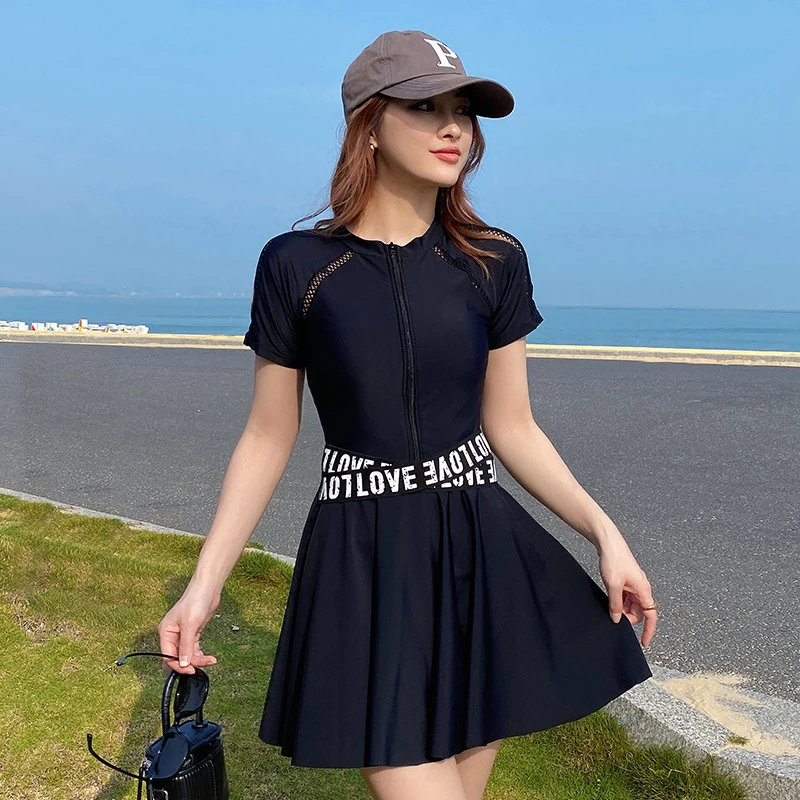 Large Size Swimwear Women Two Piece Swimsuit With Skirt Short Sleeve Swimming Suit Boxer Bottom Beachwear Hot Spring Clothes