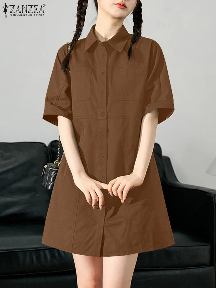 ZANZEA Half Sleeve Casual Mini Dress Solid Seam Detail Button Up Commute Vestidos 2025 Summer Turn-down Collar Women Shirt Dress