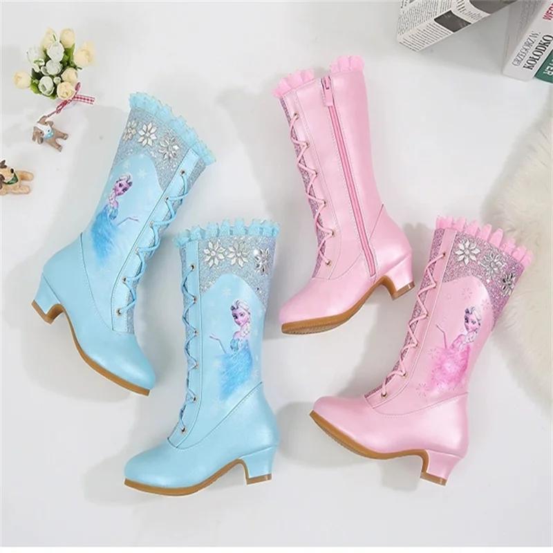 Disney Fashion Pink Girl Shoes Long Boots Disney Children Kids Warm Velvet Boots Shoes Princess Elsa High Heel Boot 26-37