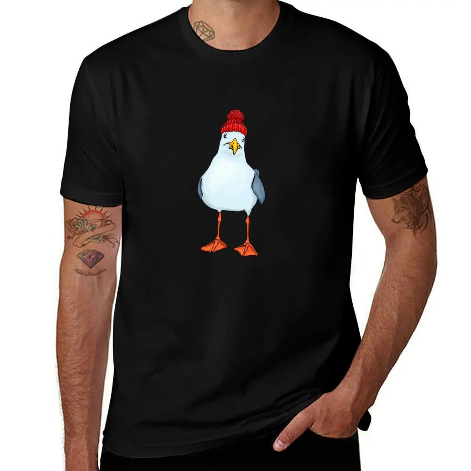 Baby, it's cold outside - funny seagull in a red knitted hat hand drawn picture T-Shirt Summer Holiday Casual Tee