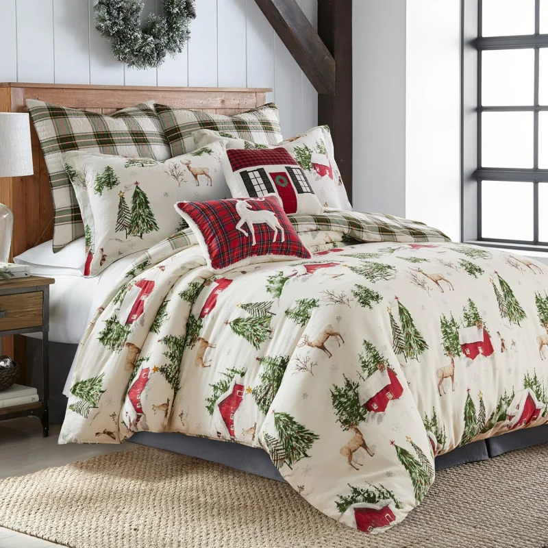 Pine large duvet cover and two pillowcases - Christmas cottage with zipper 3-piece set bedding without duvet