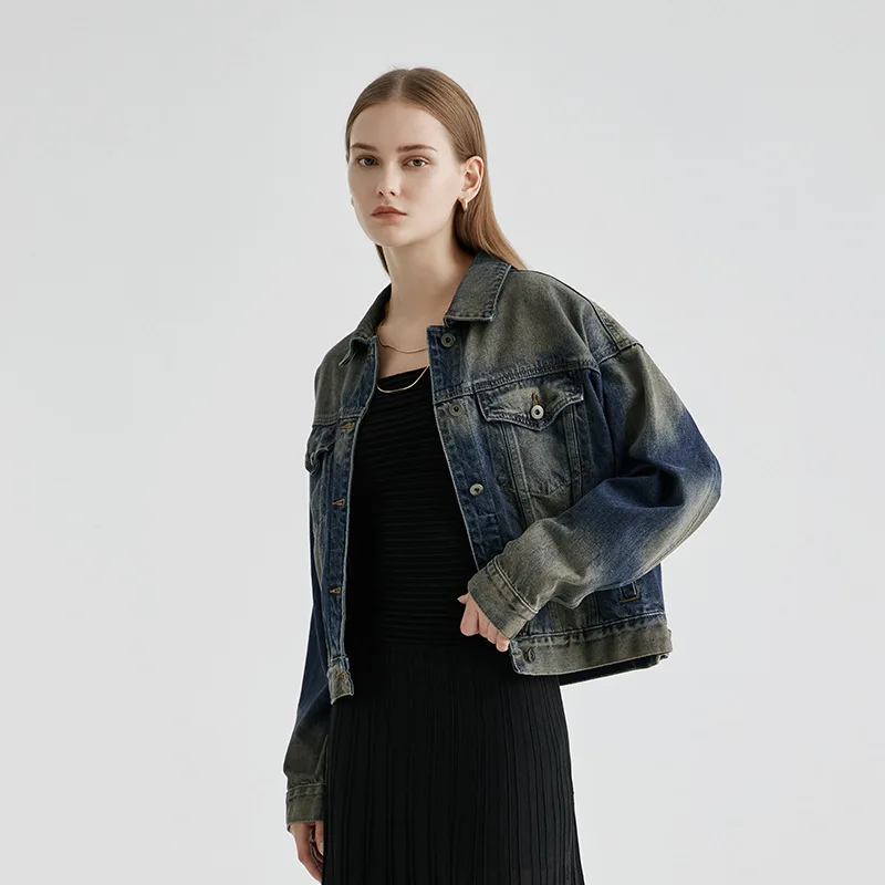 Giacca corta da donna in denim vecchio retrò, moda di inizio autunno, top temperamento