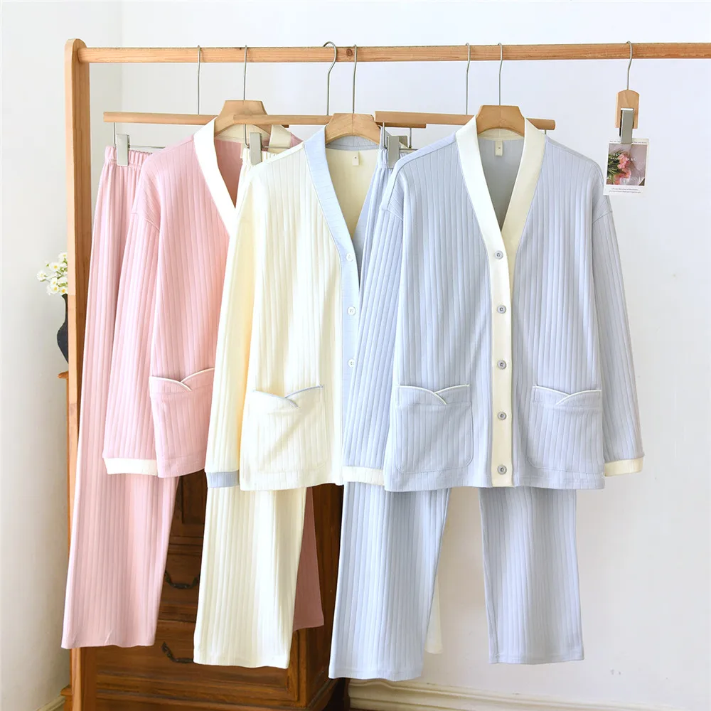 

Women's Cotton Pajamas Set Autumn Solid Long Sleeve Top Long Pants Sleepwear 2 Piece Set For Women Home Lounger Loose Suit