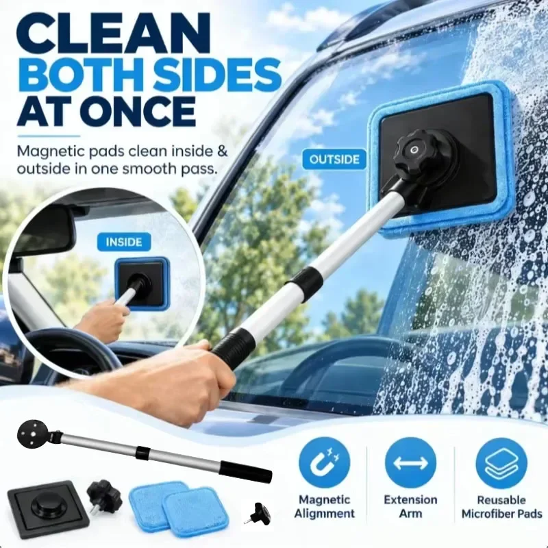 2026 Dual Magnetic CarWindshield Cleaner,Dual Side Car Glass Cleaner,Streak-Free Auto Glass Cleaning Kit Windshield Clear During