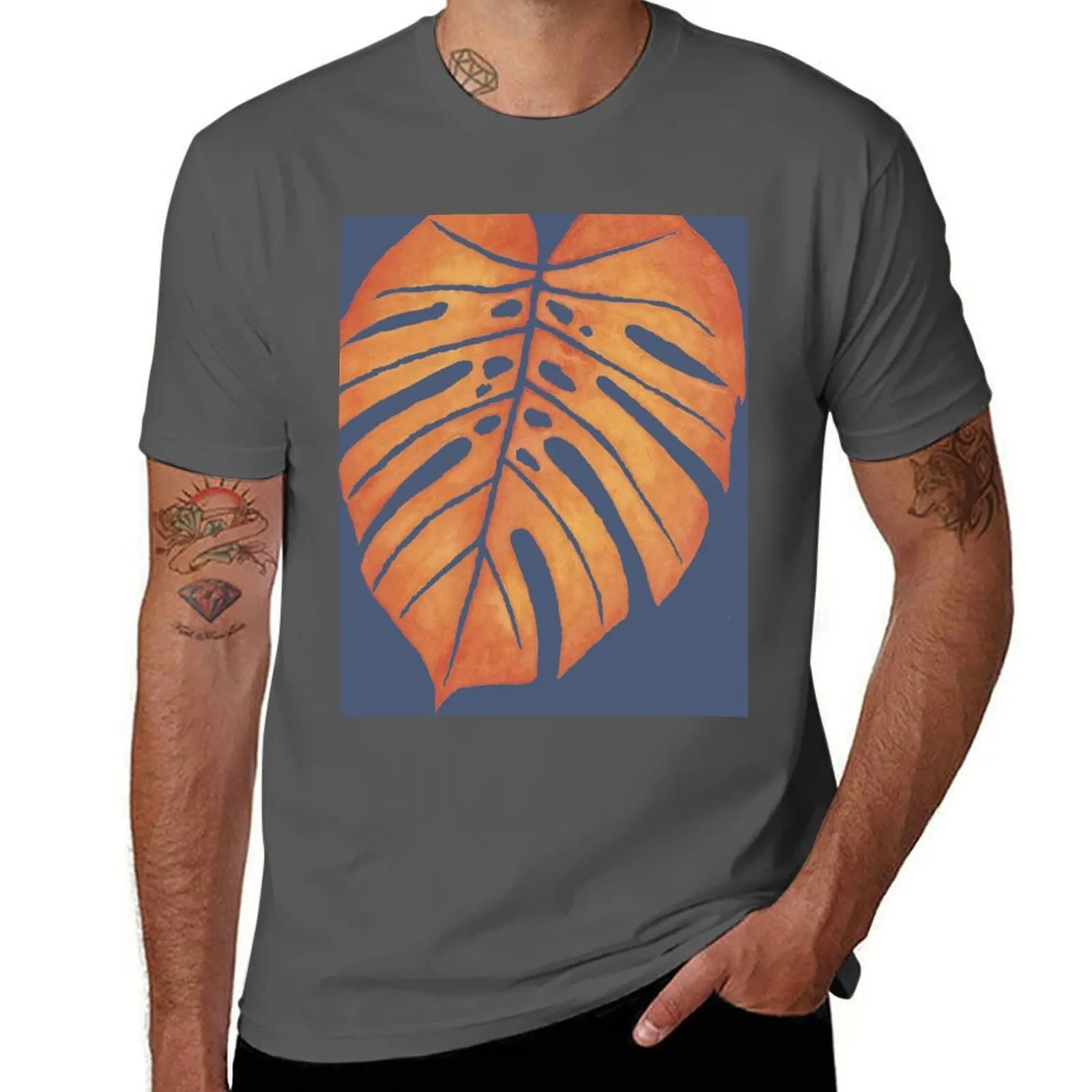 

Watercolor In MONSTERA LEAF Slate Tropical ORANGE Against Yellow & Red Frond – T-Shirt Christmas Casual Tee Shirt
