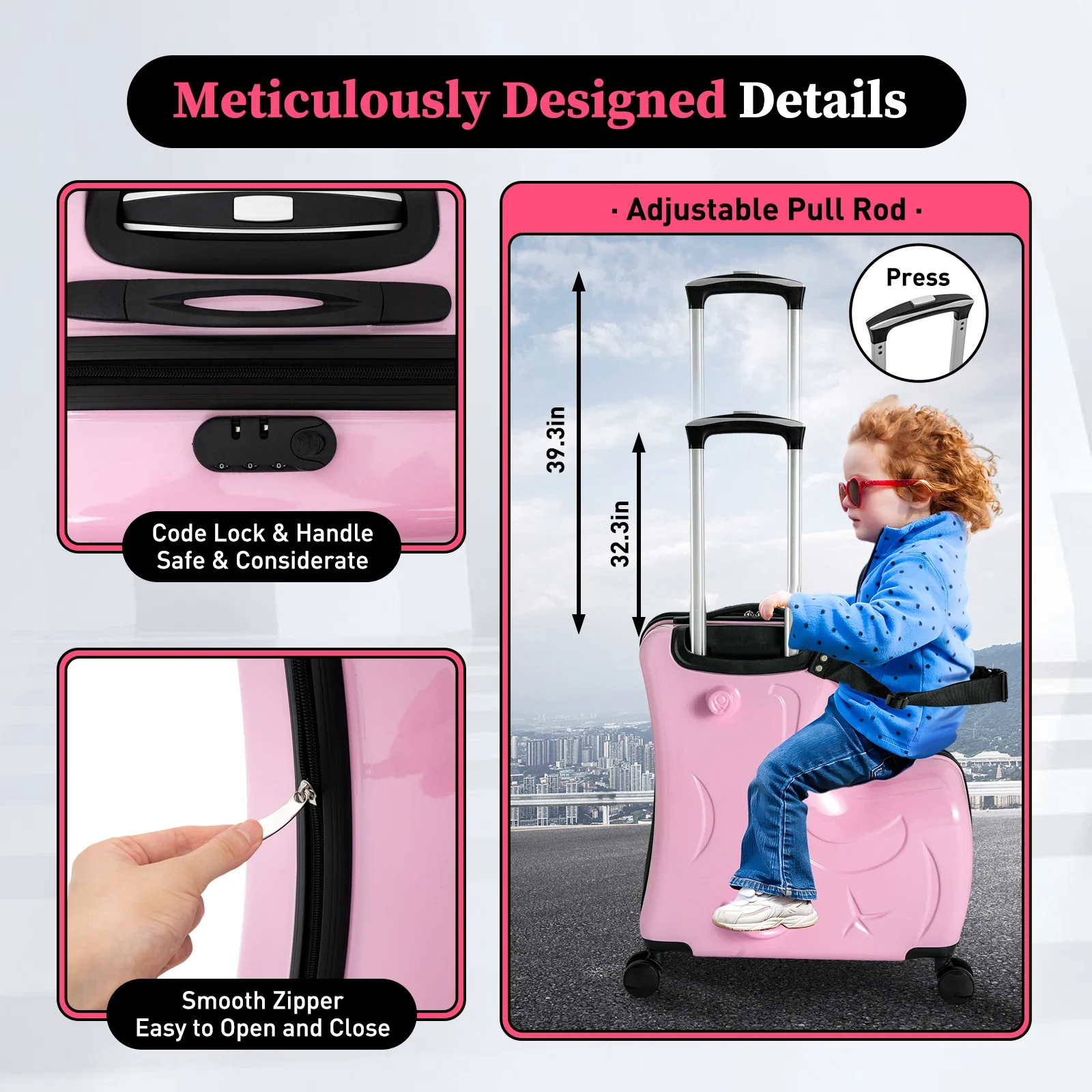 Trolley-Luggage, Portable Children’s Travel Trolley Case, Ride-On Suitcase, 20 Inch Double Wheel Pink Kids Carry On, Large Capacity Storage, Seat Belt with Handrail and Footrest, Secure Travel Bag, Multi-functional Kids Suitcase for Girls Boys