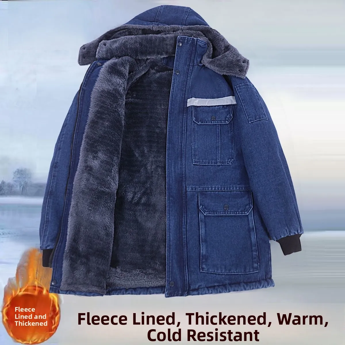 Thickened Fleece Winter Denim Workwear Cotton Jacket And Pants Set Labor Protection Coat Men's Fleece Lined Pants Warm Buildi...