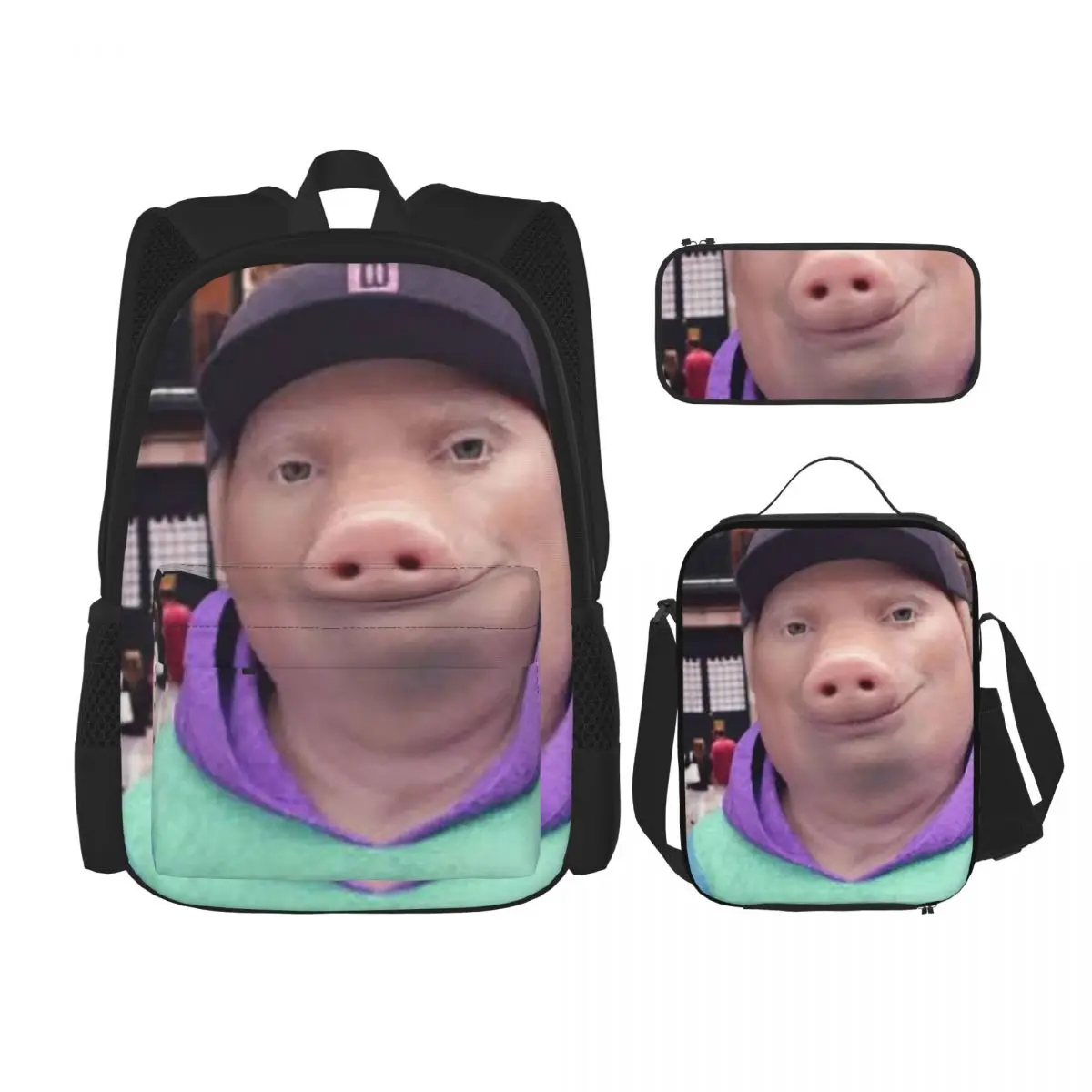 

John Pork Backpacks Boys Girls Bookbag Children School Bags Cartoon Kids Rucksack Lunch Bag Pen Bag Three-Piece Set
