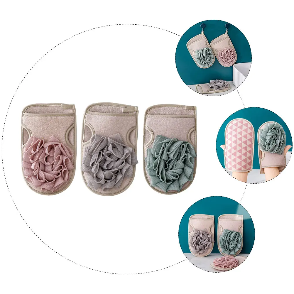 

3Pcs Double Sided Bathing Gloves Exfoliating Bath Gloves With Scrub Cotton Bath Supplies Bath Mitts For Skin Cleaning