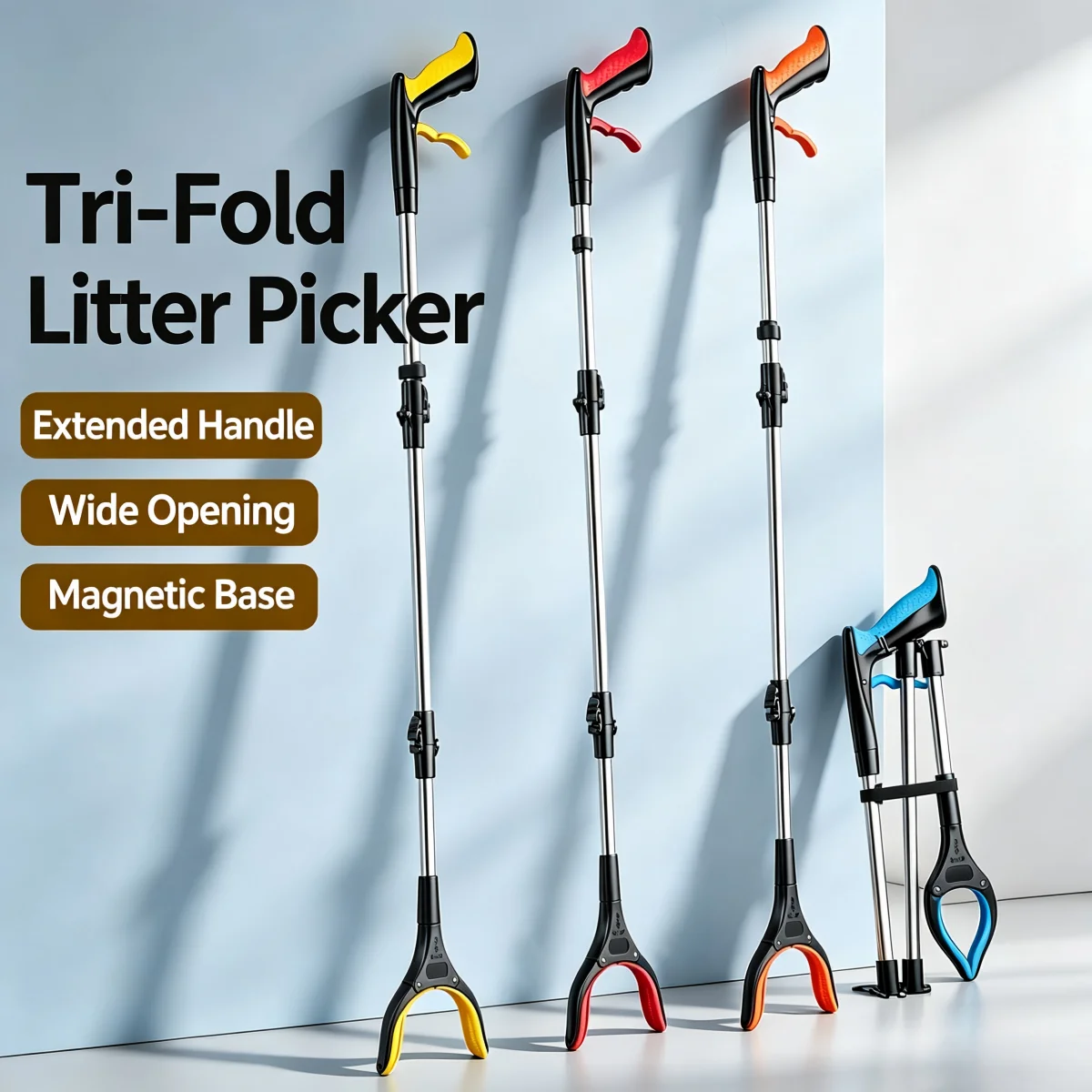 Foldable Litter Picker Grabber Tool Lightweight Wide Claw Trash Reacher Collapsible Garbage Pickup Stick for Garden Bathroom