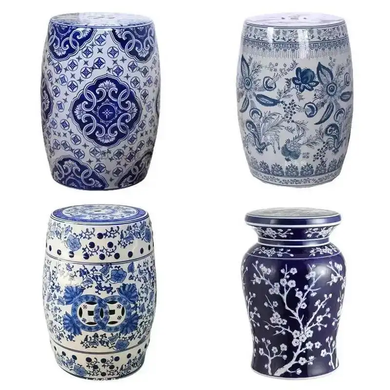 White Porcelain and Drawn Blue Shoe Hand Changing Stool Ceramic Drum Bathroom Neoclassical Imitation Sitting Stool Low Round