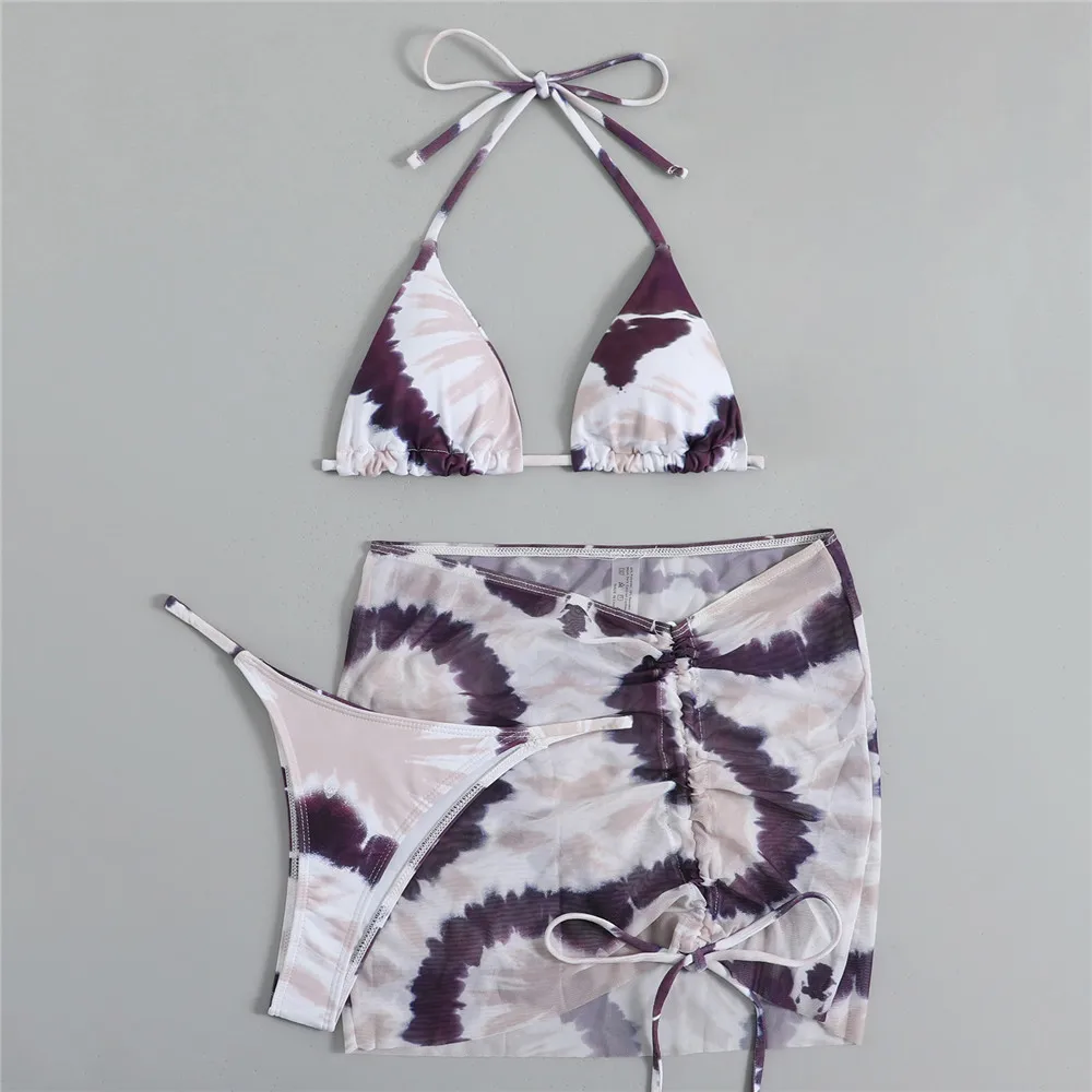 Costumi da bagno con stampa Tie Dye marrone con copricostume bikini a tre pezzi Set 2024 String Halter costume da bagno Sexy da donna costume da bagno da spiaggia