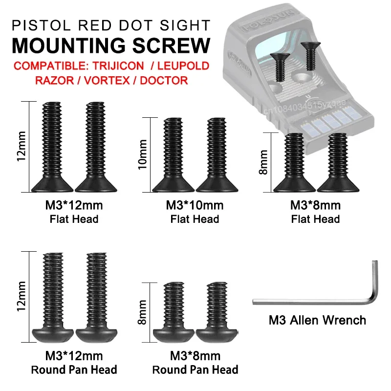 

Tactical Pistol Red Dot Sight M3 Mounting Screw Kit M3×8/10/12mm Compatible Trijicon RMR/Leupold/Razor/Vortex Venon/Viper/Doctor