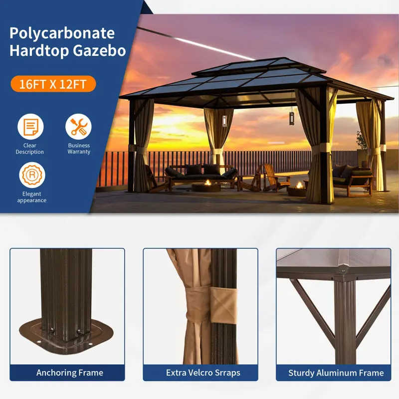 Aoxun-Outdoor Policarbonato Duplo Telhado, Hardtop Gazebo com moldura de alumínio, Pavilhão Permanente, Cortinas e Rede, 12x16'