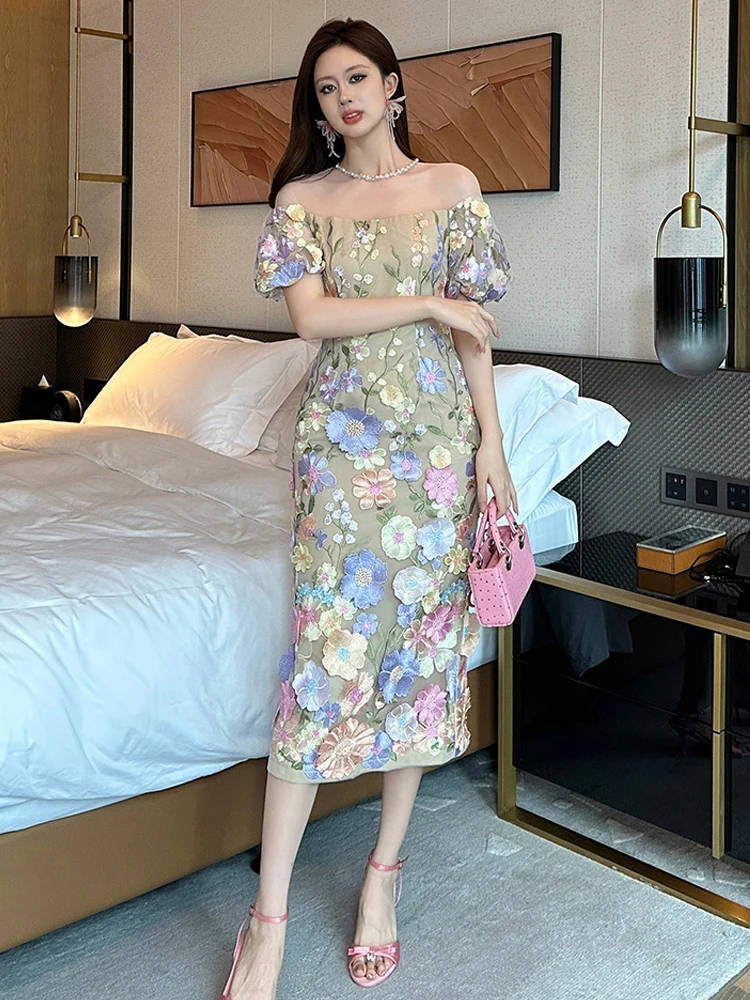 여성 의류 달콤한 꽃 자수 섹시 오프숄더 슬림 이브닝 드레스 우아한 여성 패션 파티 프롬 생일 드레스