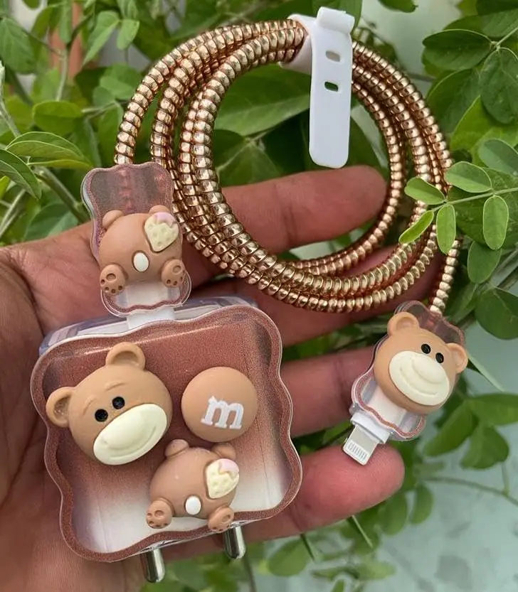 Cute Brown Bear Data Cable Protective Case Made Of Silicone Full Protection Compatible for iPhone 18-20W Power Adapter Chargers