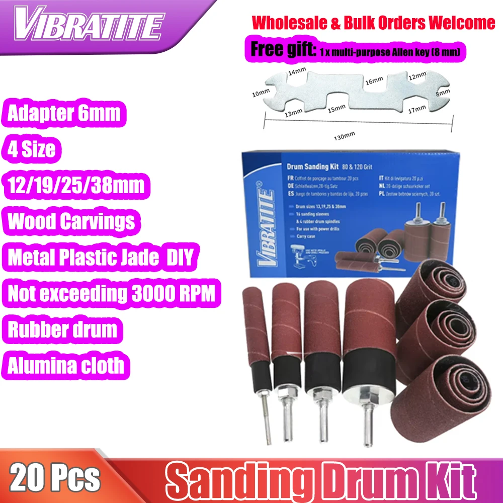 

20Pcs Sanding Drum Kit with Color Box Rubber Mandrels Sandpaper for Woodworking Engraving Drill Polishing Rotary Tools 4Size
