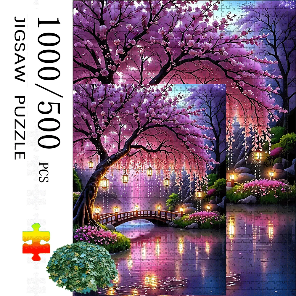1000/500 Stück Kirschblütenbaum, Brücke und Laterne See Puzzle – großes interaktives Spiel für Erwachsene und Familien, Heimdekoration, Gehirnkranz
