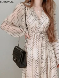Chic Korean Fashion 2022 Women Temperament Elegant Drawstring Retro Vintage Cute Long Chiffon Dot Dress Fenimine Vestidos