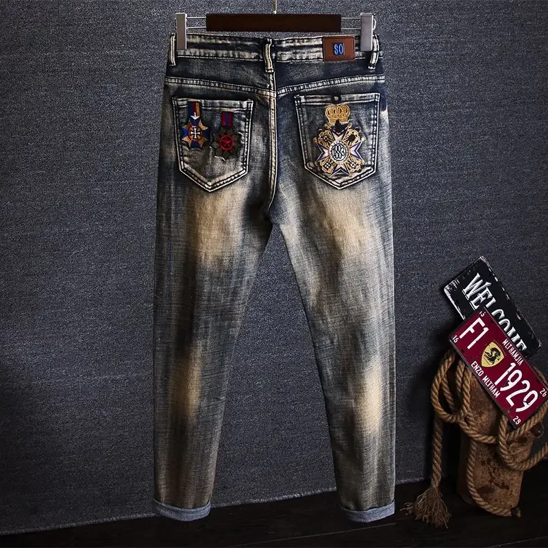 Trousers Ripped Graphic Embroidery Men's Jeans Retro Man Cowboy Pants Broken with Holes Torn High Quality Clothes Y2k 2000s Goth