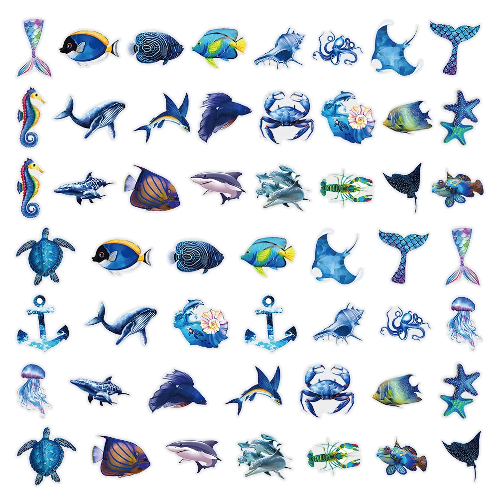 

50PCS Ocean Sea Creature Stickers Colorful Tropical Fish PET Material Transparent Style Decorative Waterproof Stickers Kids Toy