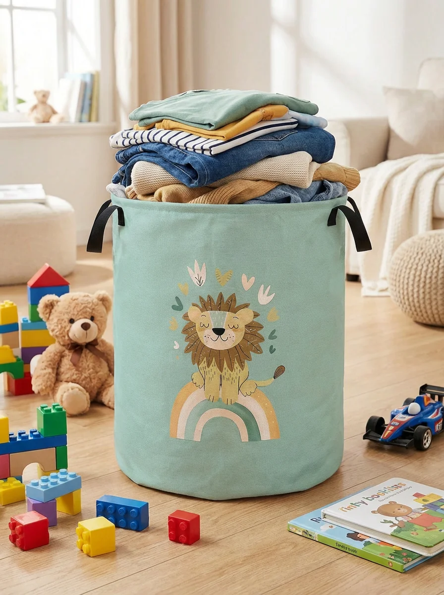 Afbeelding 3: Kleine leeuw wasmand opvouwbare canvas opbergemmer met grote capaciteit kinderspeelgoed kledingopslag thuis badkamer