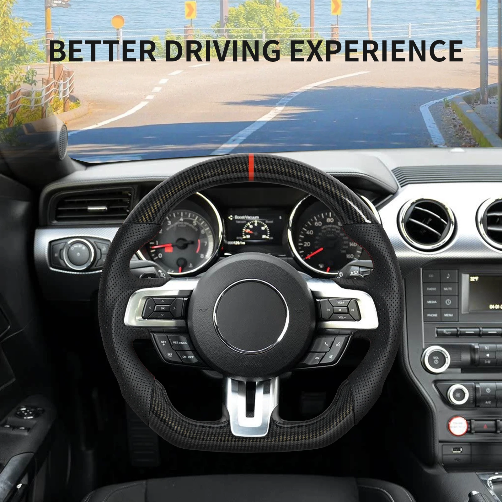 Hydro-Dip Carbon Fiber D-shaped Steering Wheel Preforated Leather Grip for Mustang EcoBoost GT Shelby GT350 GT350R 2015-2023 view 7