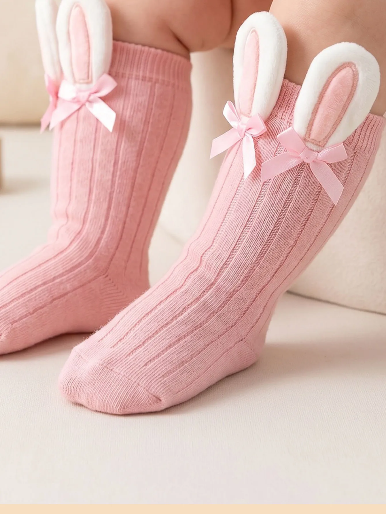 3Pairs Baby Mid Crew Socks 3-24M, 3D Pink Bunny Ear Decor Soft Elastic Cotton Socks, All Season Daily Socks for Boys Girls
