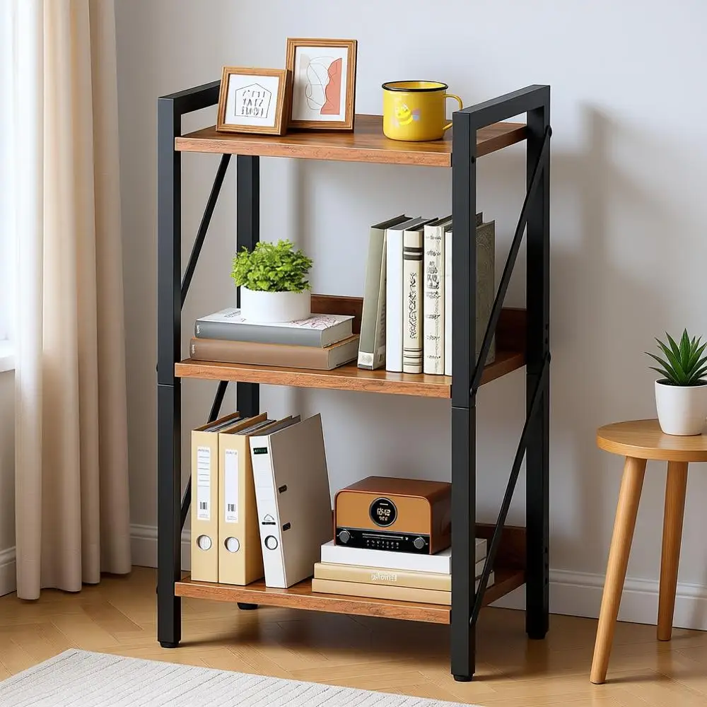 

Трехуровневая книжная полка в индустриальном стиле, органайзер для хранения вещей для гостиной, спальни, домашнего офиса, кухни, в деревенском стиле, коричневого и черного цвета