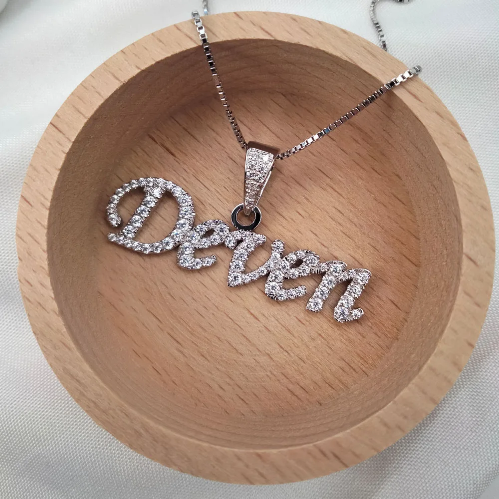 Custom  S925 Bling Full Zircon Nameplate  Necklace Crystal White Gold Plated Name Letter  Pendent Jewelry for Women Gifts