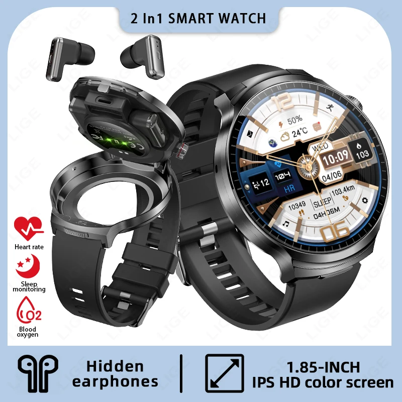 LIGE New TWS 2 in 1 Smart Watch with Earbuds Bluetooth Call Earphone Smartwatch Men Women Heart Rate Monitor Sport Music Watches