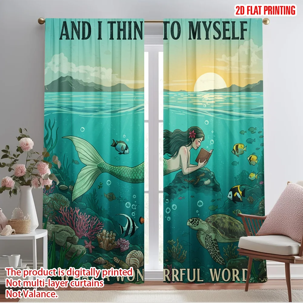 

2pcs 2D flat printing Curtain Mermaid Reading Wonderful Ocean Polyester Fabric Without Electricity Festive Holiday Use for