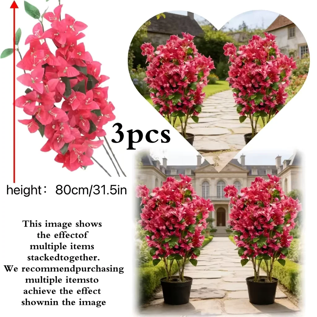 3/12 Pieces 1 Piece = 24 Flowers 31inch Large Artificial Bougainvillea Tree - Outdoor Artificial Flowers, Bougainvillea, Maintenance-Free, Beautiful Decoration, Suitable for Indoor and Outdoor Decoration/Outdoor Arrangement, Courtyard, Garden, Wedding, Hotel and Shop Decoration, Valentine's Day, Mother's Day, and Easter Decorations, Spring and Summer Decorations, Stylish Plant Design, Home/Outdoor Artificial Flowers, Does Not Include Flower Pots