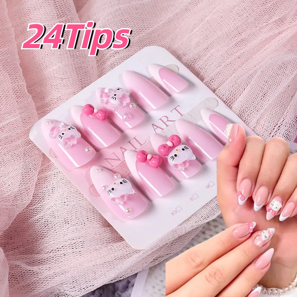 24tips 3D Sanrio Hello Kitty Cartoon Almond Press On Nails Kawaii Pink Bowknot Rhinestone Pearls False Nails Girls Glossy Tips