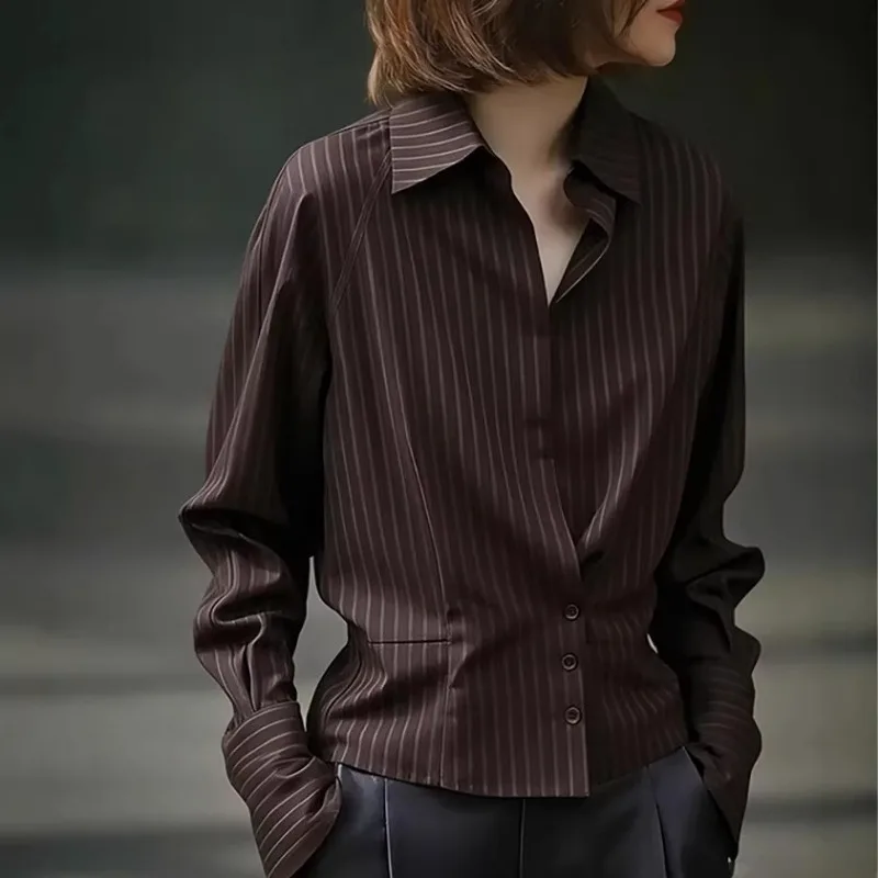Women Striped Polo Collar Blouse Long Sleeve Waist Tailored Slim Fit Commuter Casual Shirt Top For Spring