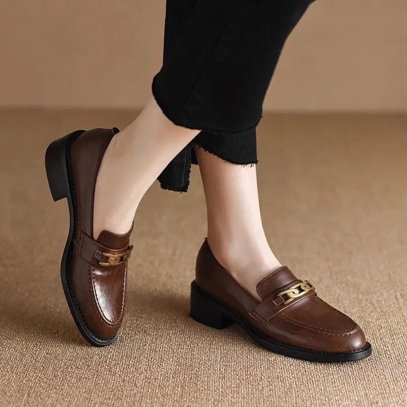 FHANCHU 2024 Early Spring Mid Heels,Women Leather Loafers Shoes,Metal Buckles,Slip On,Round Toe,Black,Brown,Dropship