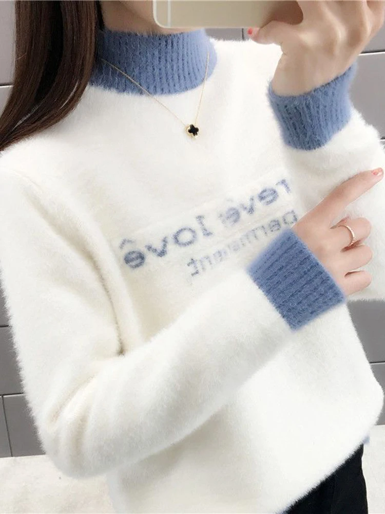 JMPRS Loose Women Knitted Sweater Fashion Letter Winter Half Turtleneck Sweater Pullover All Match Casual Female Jumper New