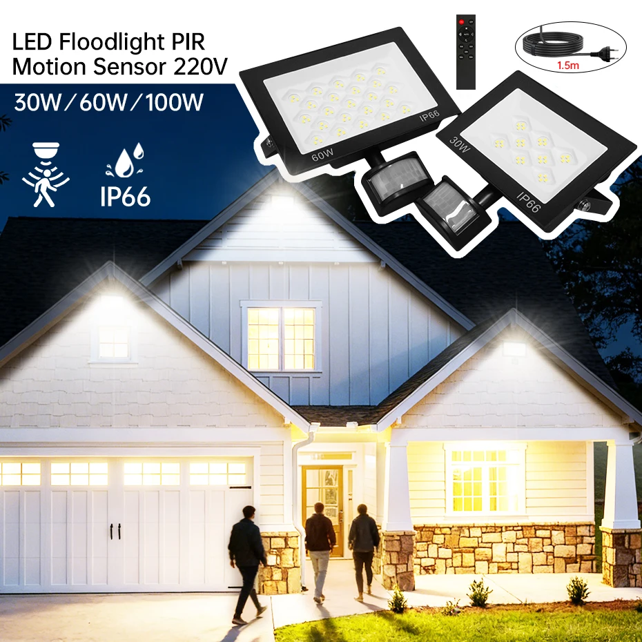 Outdoor LED Floodlight PIR Motion Sensor 100W 60W 30W AC220V IP66 Waterproof Street Garden Spotlight EU/AU/UK Plug with Remote