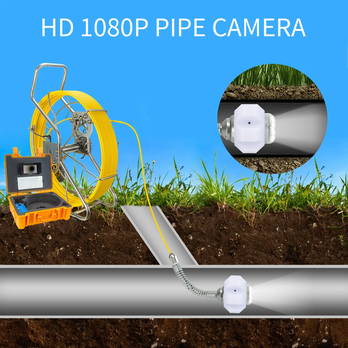 1080P 50mm Head Endoscope Inspection Camera with 20meter Cable Sewer Drain Pipe Inspection Camera System 7 Inch LCD