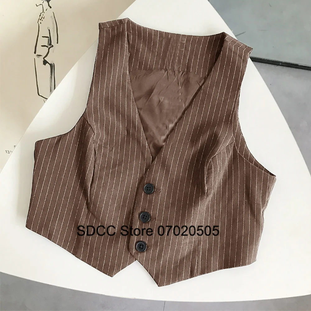 

Eam Women Striped Vest V-neck Elegant Heart Sleeveless Jacket Single Breasted New Outerwear Zevity Winter Traf Store Rarf Vests