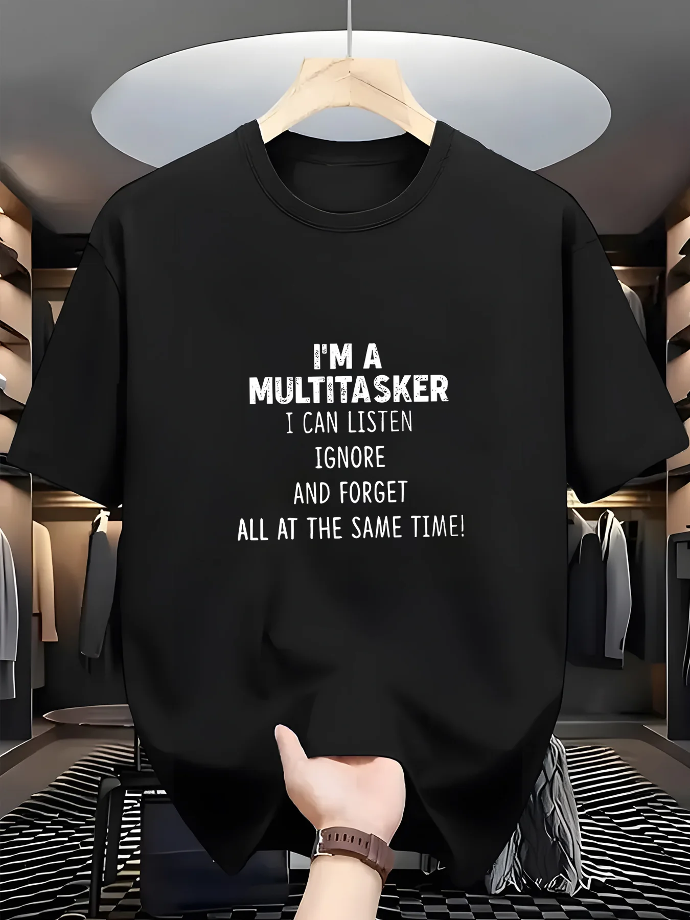 [ Graphic Tee] T-shirt décontracté noir - "Je suis un multitâcheur, je peux écouter, ignorer et oublier tout à la fois !" Impression, Design Unique