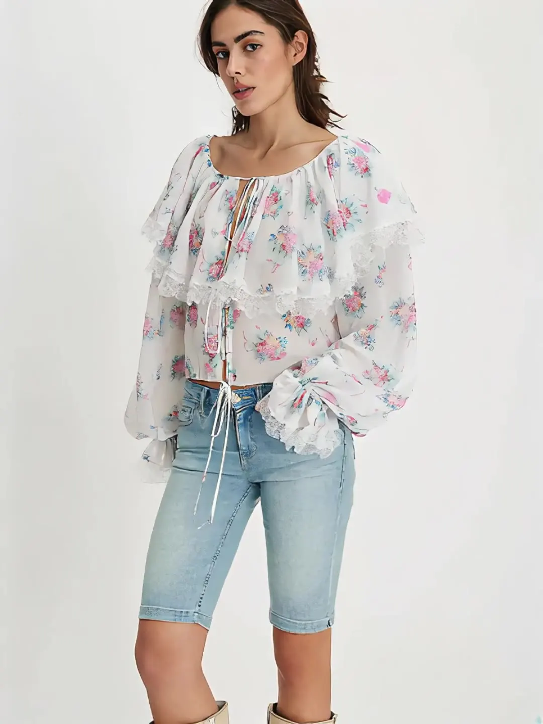 2025 New Women‘s Print Shirt, Casual Oversize Loose Style, Floral Lace Chiffon Blouse