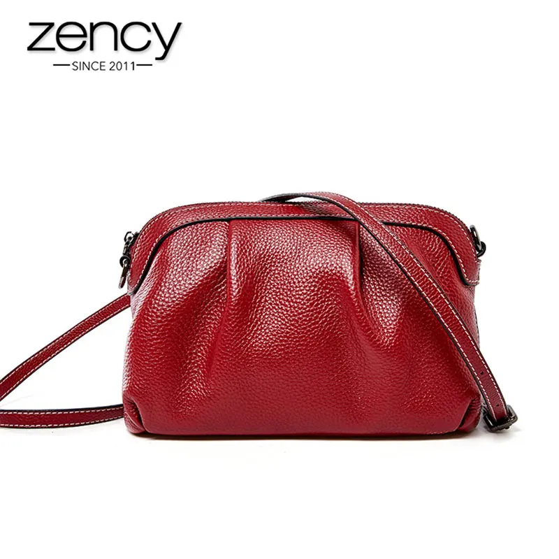 Zency New Women Messenger Bag 100% Genuine Leather High Quality Small Hobos Bags Daily Casual Lady Shoulder Bag Black Grey