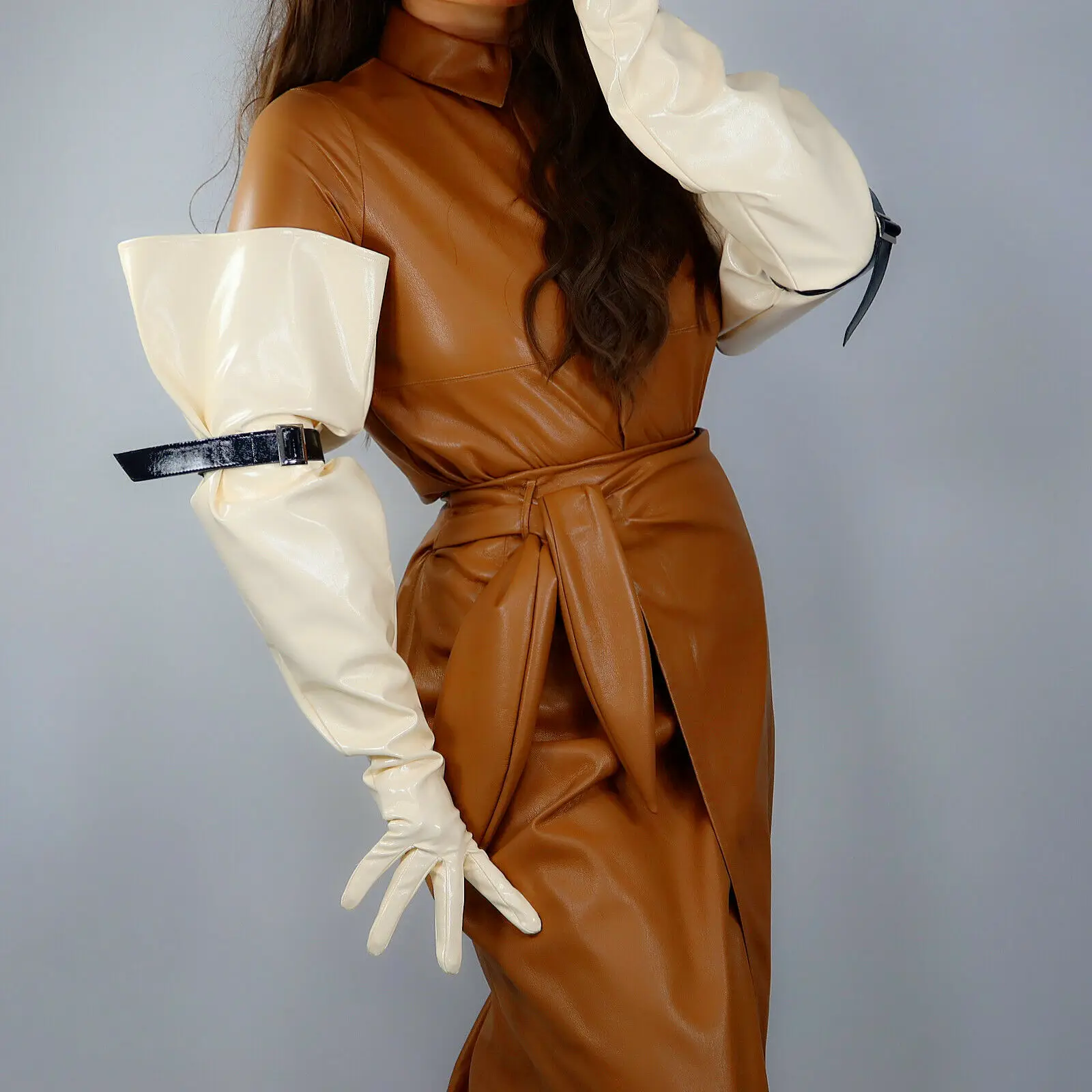 Unisex Oversized GLOVES Puff SLEEVES w/ Armband Latex Wet Look Shine Biege Faux PU 70cm 28