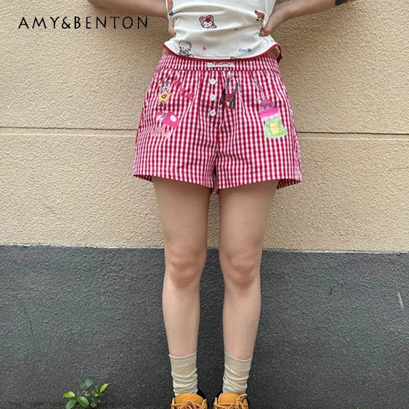 

2025 Summer Blue Creative Printed Plaid Elastic Waist Women's Shorts Japanese Casual Versatile Thin Button Beach Pants Ladies