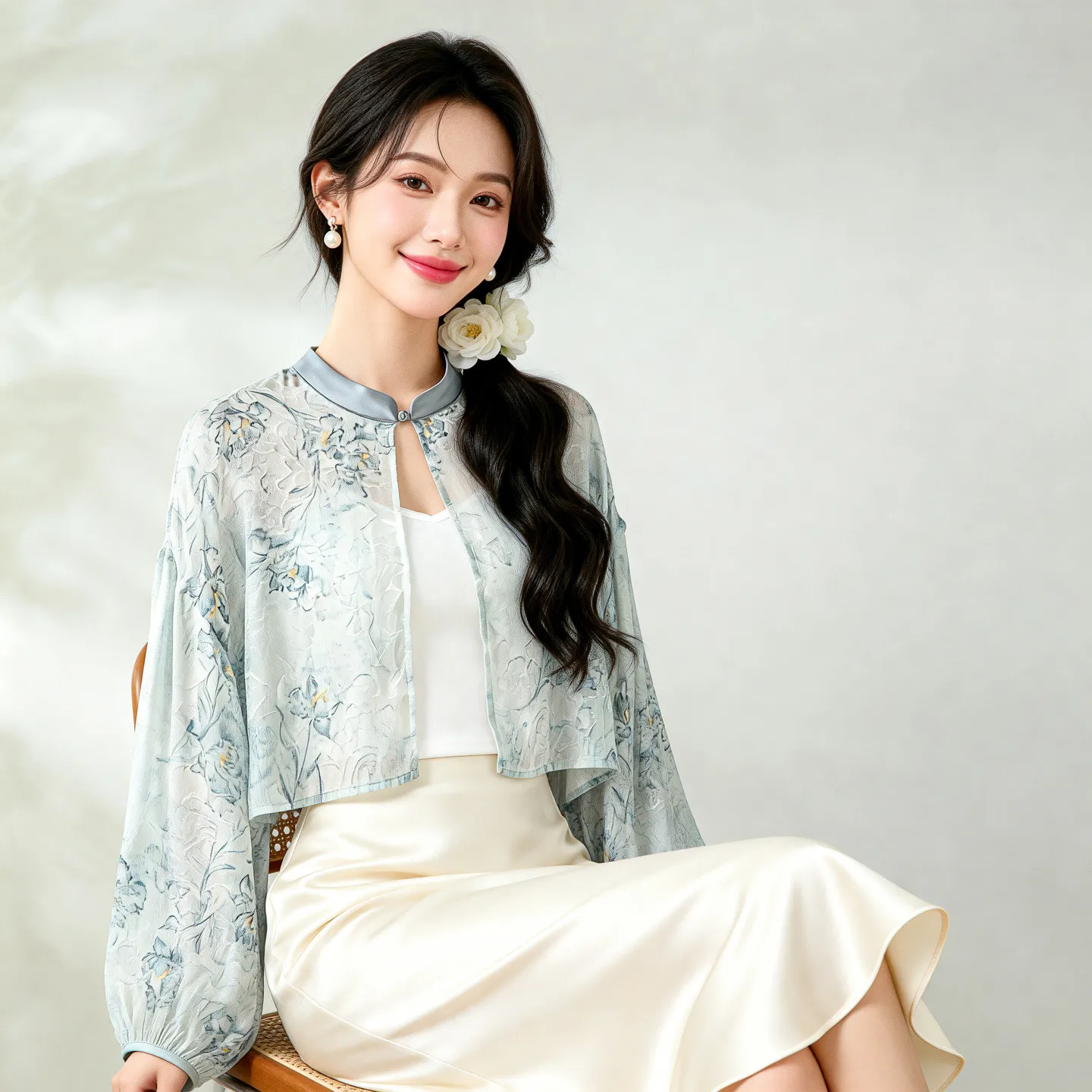 Winsleter-100%Real Silk Elegant Coat, Stand Cut Flower Silk, Women Casual Sunscreen Loose Sheer Thin Coat, 2026 Summer C66438CC