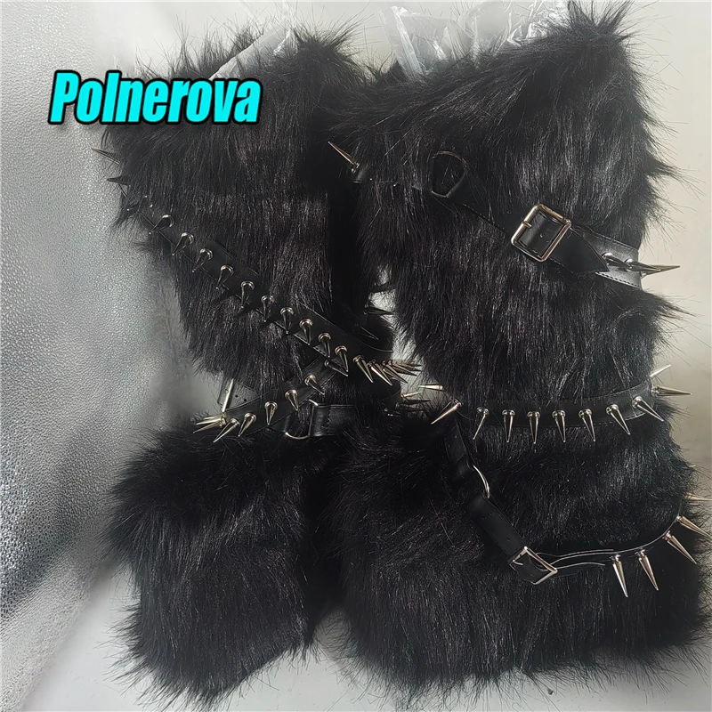 

Сапоги до колена на танкетке из искусственного меха, зимние сапоги на платформе с заклепками и пряжкой в стиле панк, зимние теплые ботинки с круглым носком ﻿ женская обувь большого размера