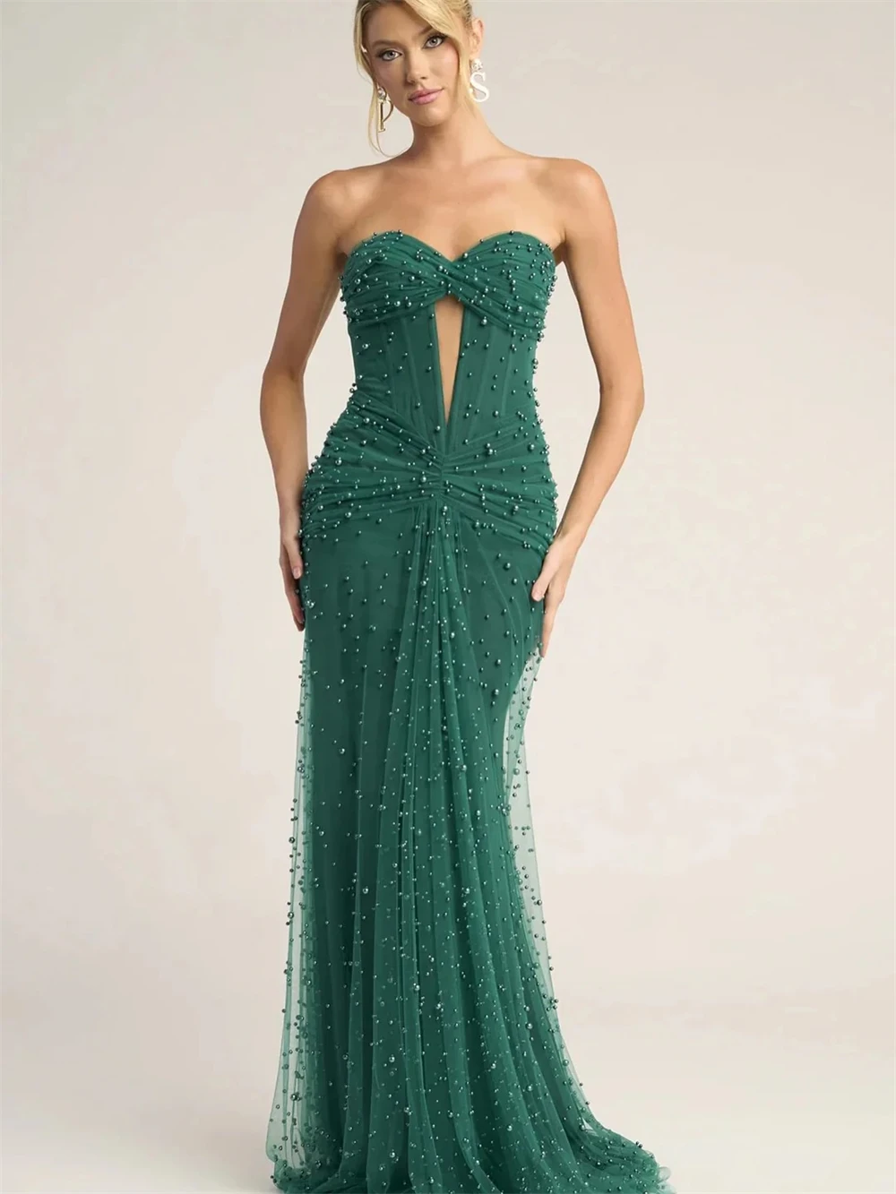 

Customized Mermaid Charming Green Tulle Evening Dress Formal Sweetheart Sleeveless Prom Dress Sweep Train Bespoke Occasion Gowns