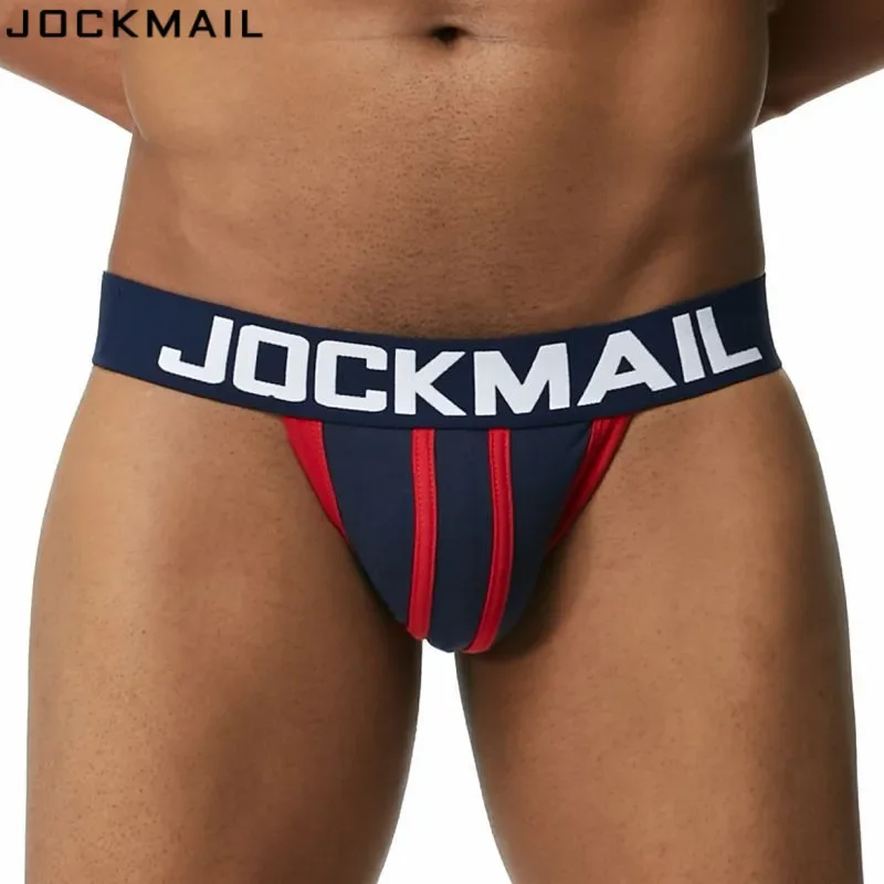 JOCKMAIL Brand Sexy Men\'s Jockstraps Gay Jocks Cotton Low Rise Thongs Gay Underwear Double pipe G Strings Brief Bikini Backless